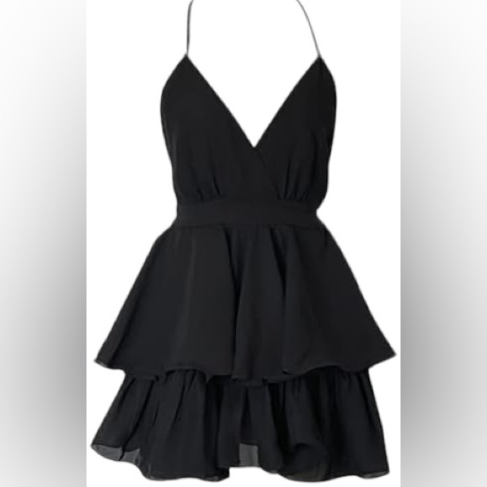 SETA womens black V front open Back tier cross back mini dress size L NWT
